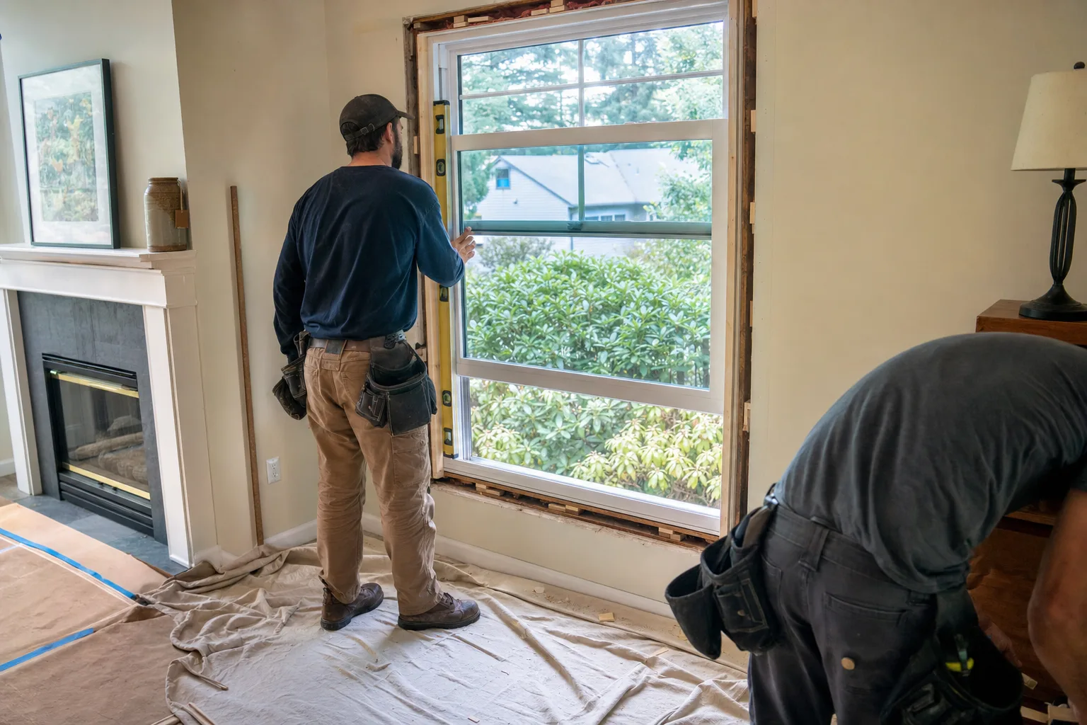 Installer checking a newly set residential window with a level