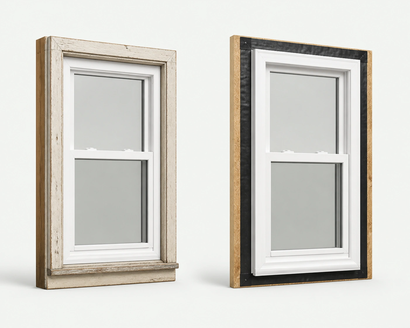 Studio comparison of an insert replacement window inside a retained wood frame and a full-frame replacement window in a flashed opening