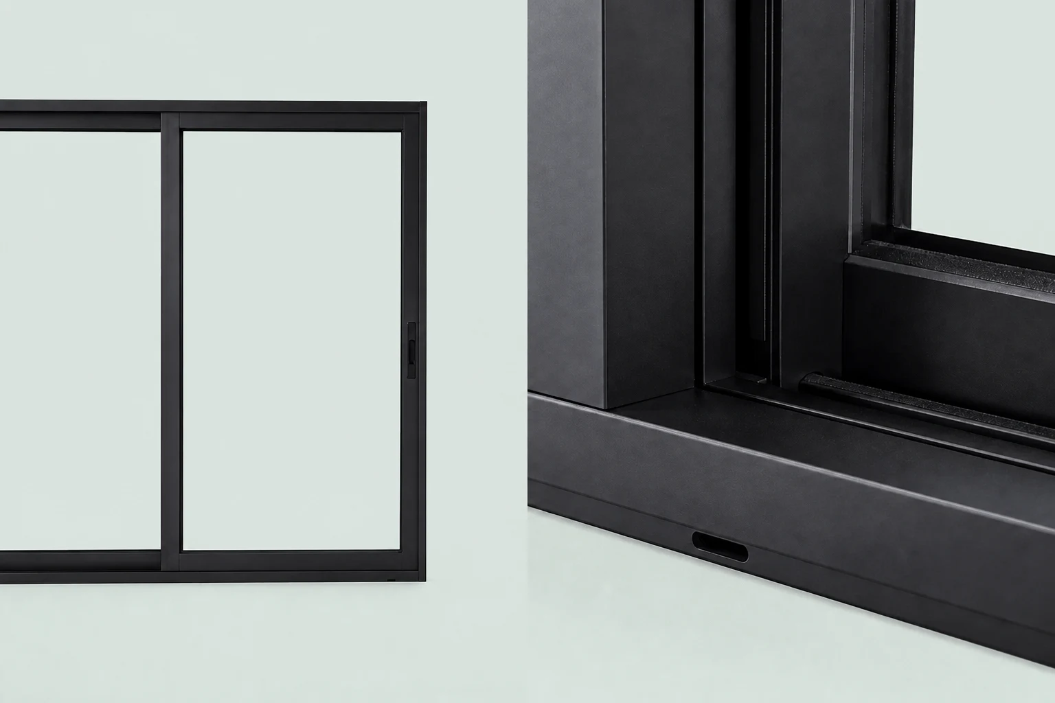 Slim aluminum window beside a close detail of the dark metal frame, track, and sill