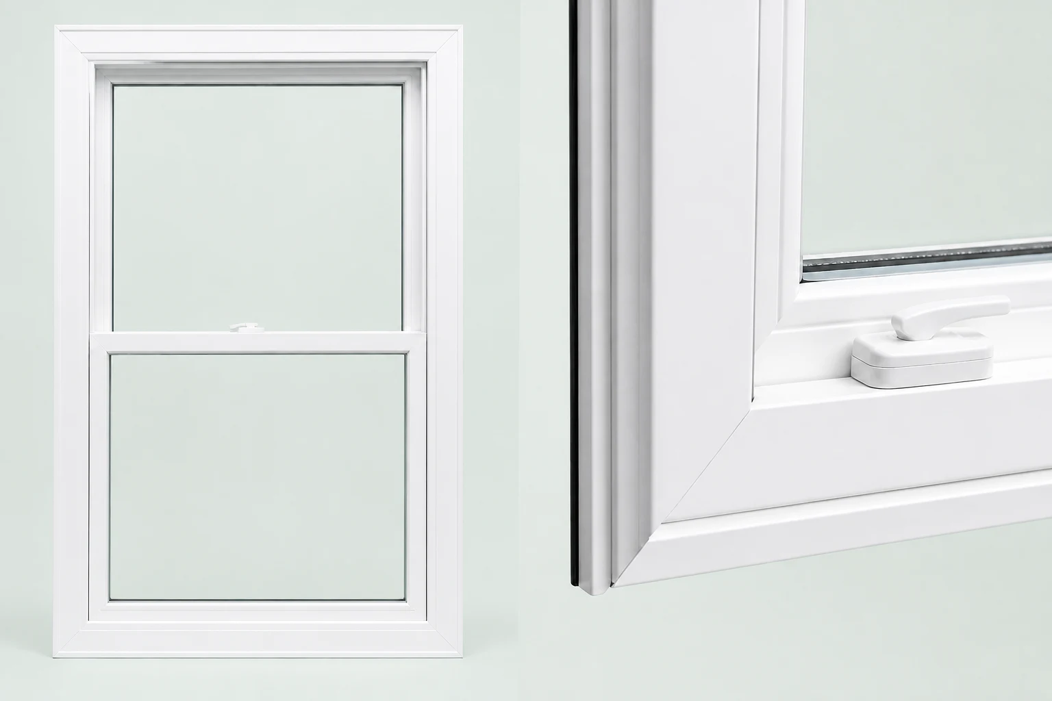 White vinyl double-hung window beside a close detail of its molded vinyl frame and lock