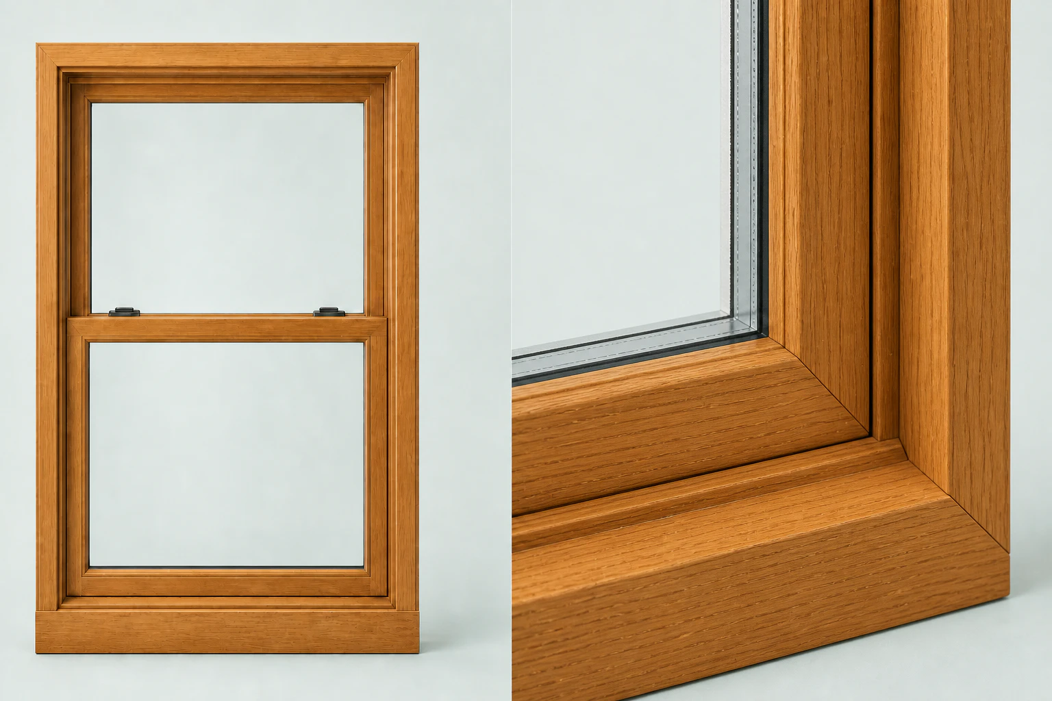 Natural stained-wood double-hung window beside a close detail of the matching wood frame, sash, and insulated glass
