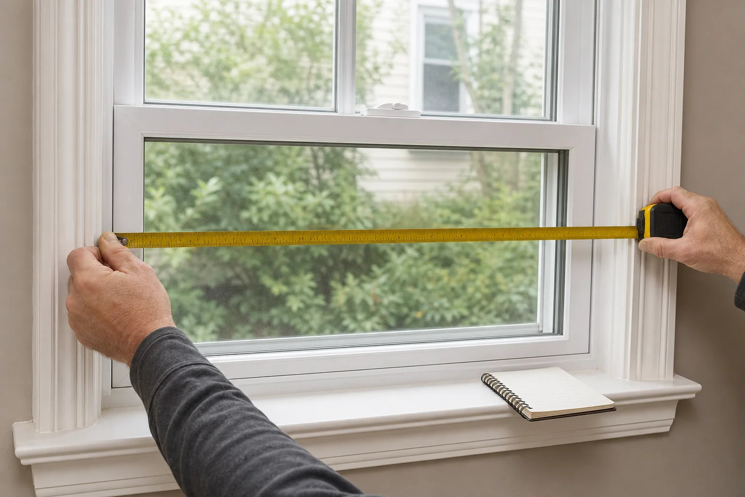 Tape measure stretched across the interior width of a double-hung window